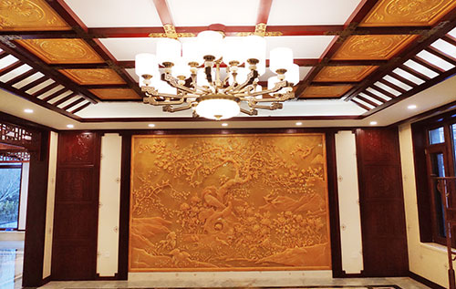 鸠江中式别墅客厅中式木作横梁吊顶装饰展示
